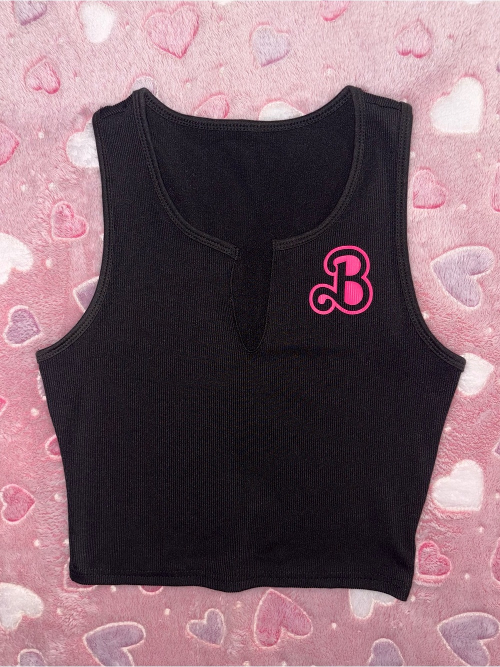 Black Ribbed Tank Top with Pink 'B' Accent